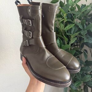 We The Free Dusty Buckle Boots Olive Green Moto Biker Leather Grunge Western 10